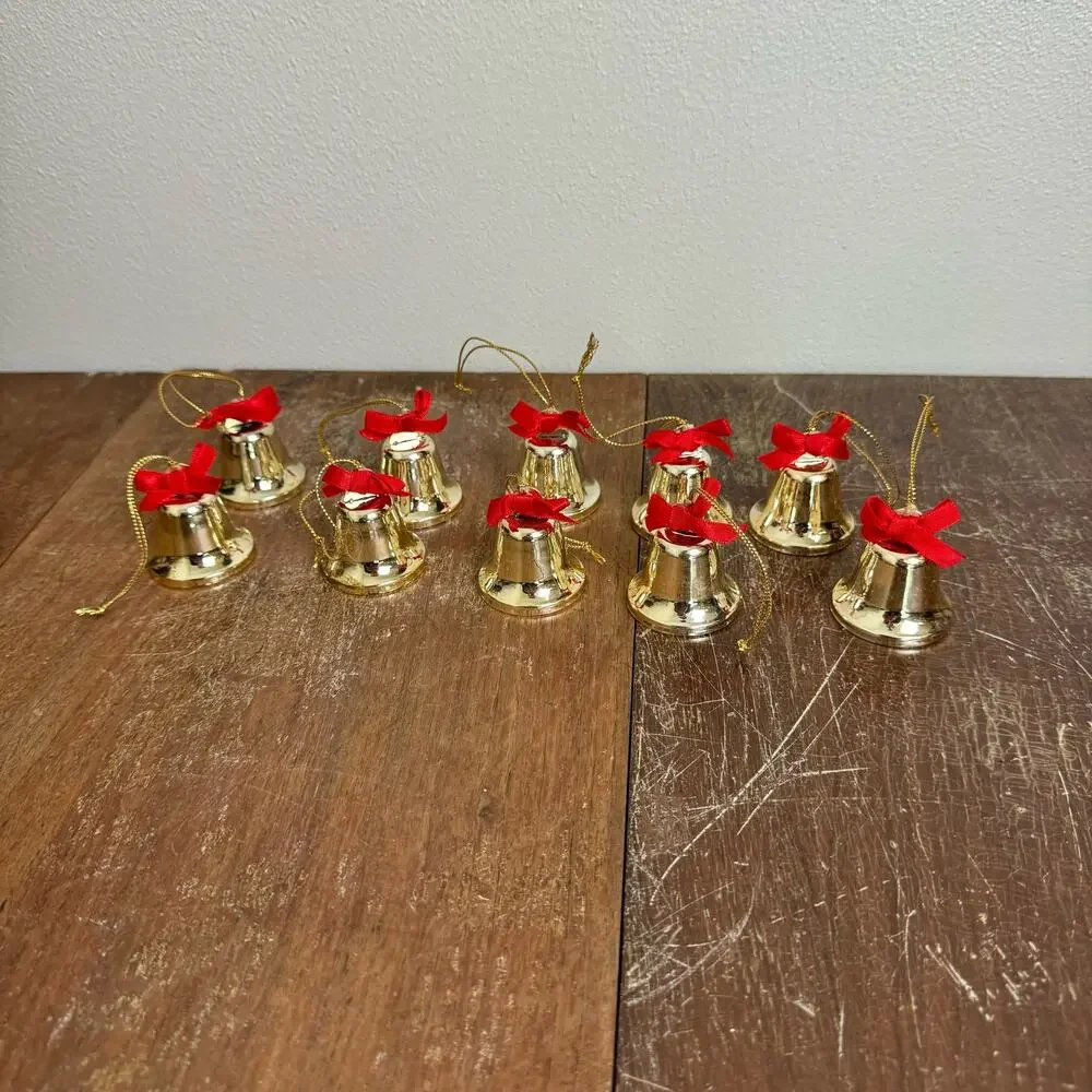 Set of‎ 10 Metal Gold Bells Red Bow Christmas Ornament bundle Lot